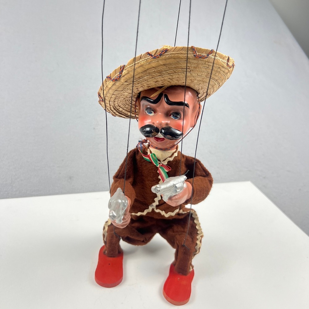 Vintage Mexican Marionette Puppet Bandit 15in Sombrero Gunslinger Folk Art